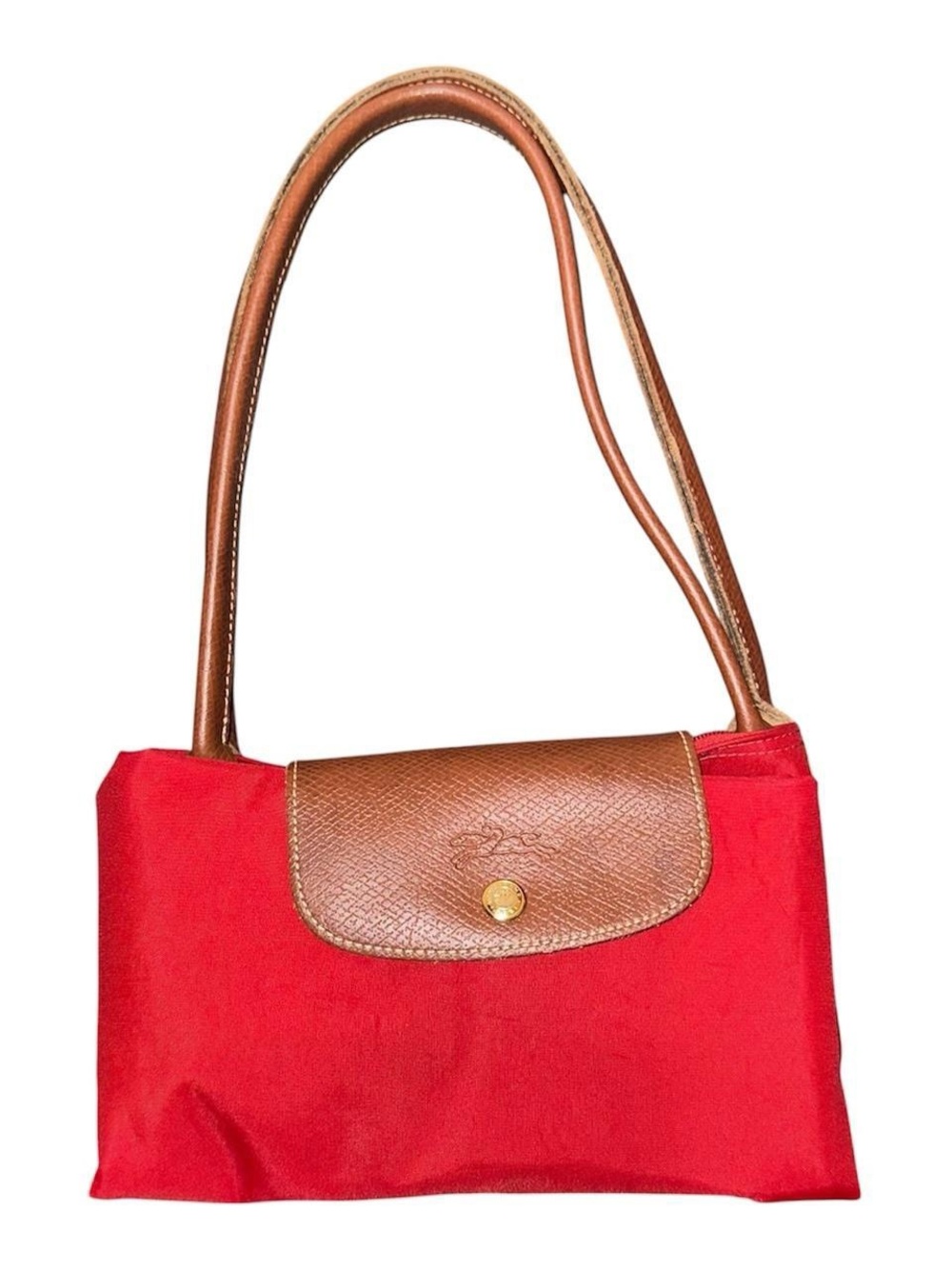 Longchamp Red Shoulder Bag with Brown Leather Trim